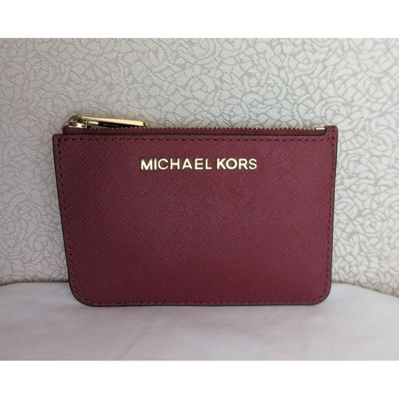 Michael Kors Jet Set Small Keychain Coin Pouch Wallet Leather Red Gold - Picture 1 of 10